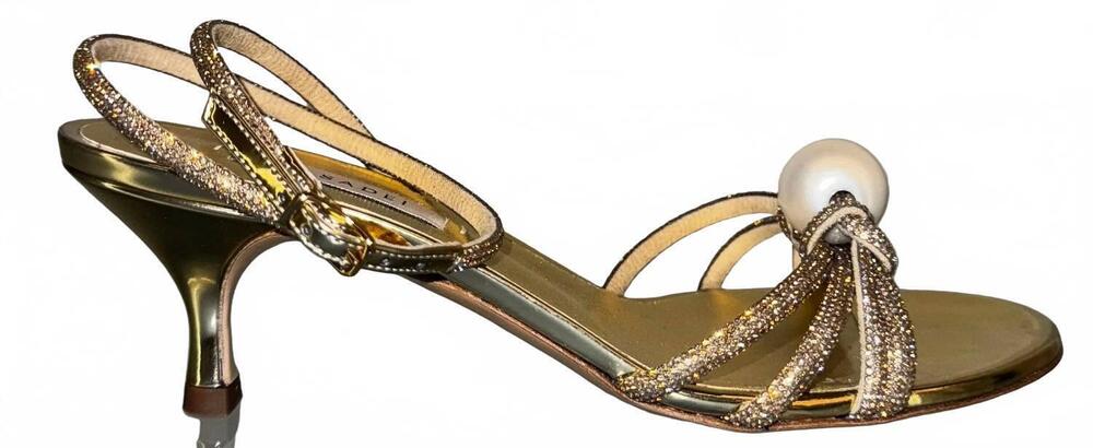 NEW CASADEI women's metallic crystal sandal with pearl in gold